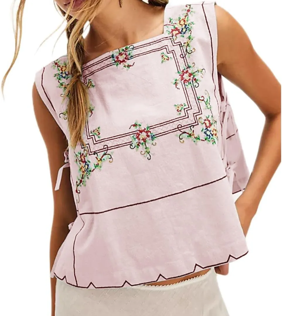 Y2k Tie Front Tank Tops Women Sleeveless Floral Embroidery Crop Vest Cami Shirt Babydoll Going Out Camisole