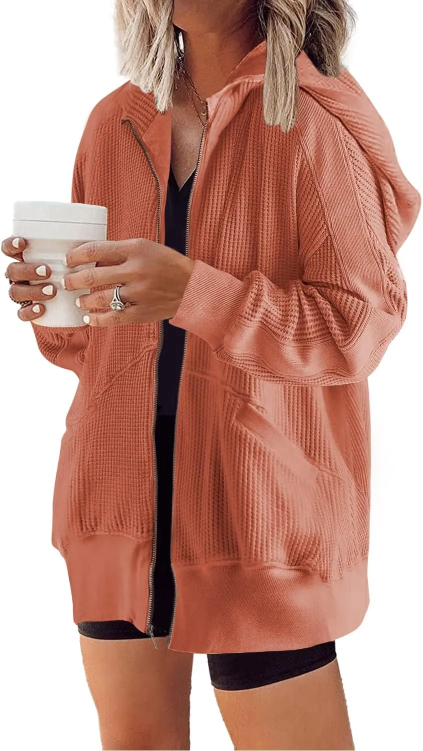 Yanekop Womens Oversized Fall Jackets Zip Up Hoodie Jacket Coat Waffle Knit Shacket Fall Outfits with Pocket
