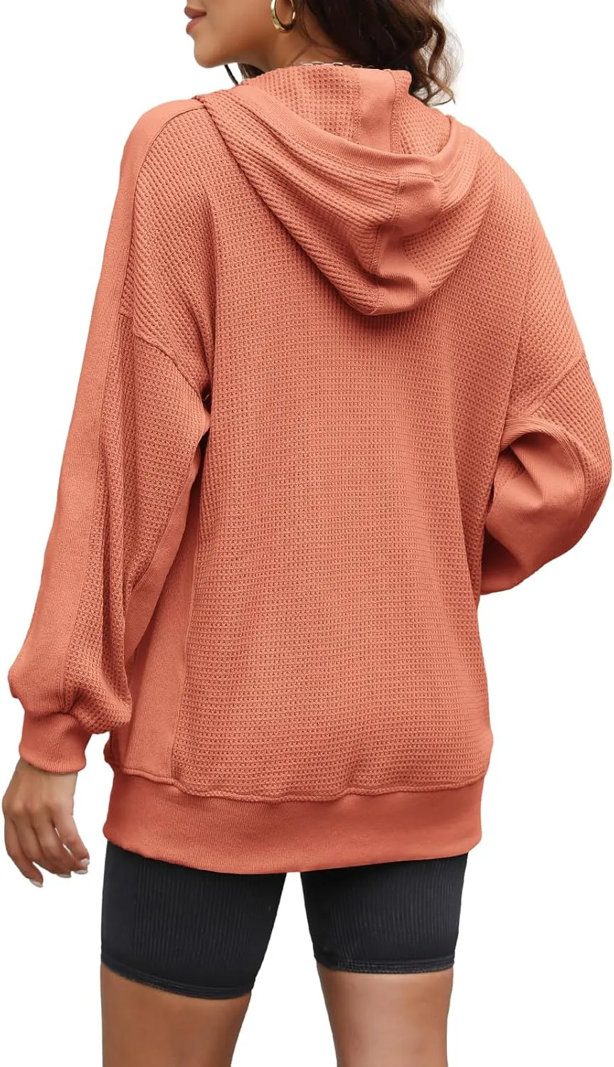 Yanekop Womens Oversized Fall Jackets Zip Up Hoodie Jacket Coat Waffle Knit Shacket Fall Outfits with Pocket