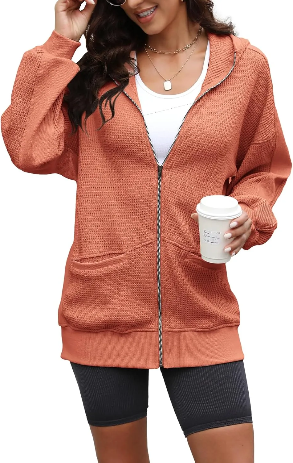 Yanekop Womens Oversized Fall Jackets Zip Up Hoodie Jacket Coat Waffle Knit Shacket Fall Outfits with Pocket