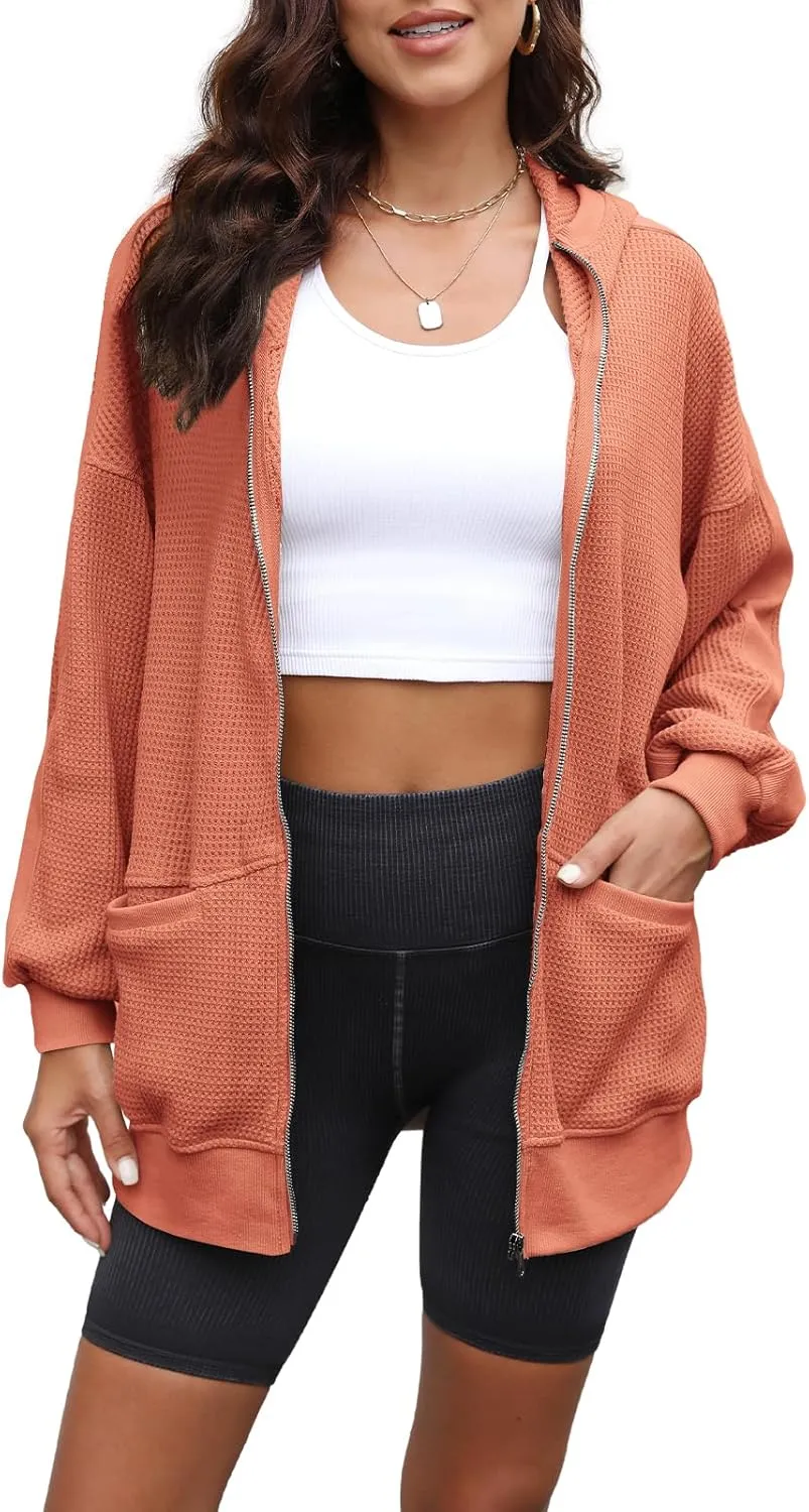 Yanekop Womens Oversized Fall Jackets Zip Up Hoodie Jacket Coat Waffle Knit Shacket Fall Outfits with Pocket