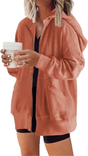 Yanekop Womens Oversized Fall Jackets Zip Up Hoodie Jacket Coat Waffle Knit Shacket Fall Outfits with Pocket