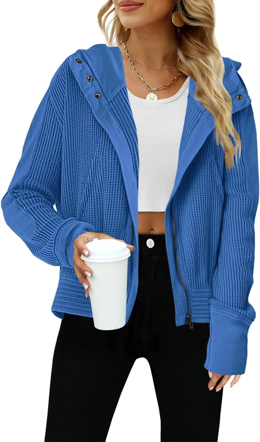 Yanekop Womens Waffle Knit Jackets Zip Up Hoodie Jacket Long Sleeve Cropped Hoodie Fall Outfits Casual Winter Clothes