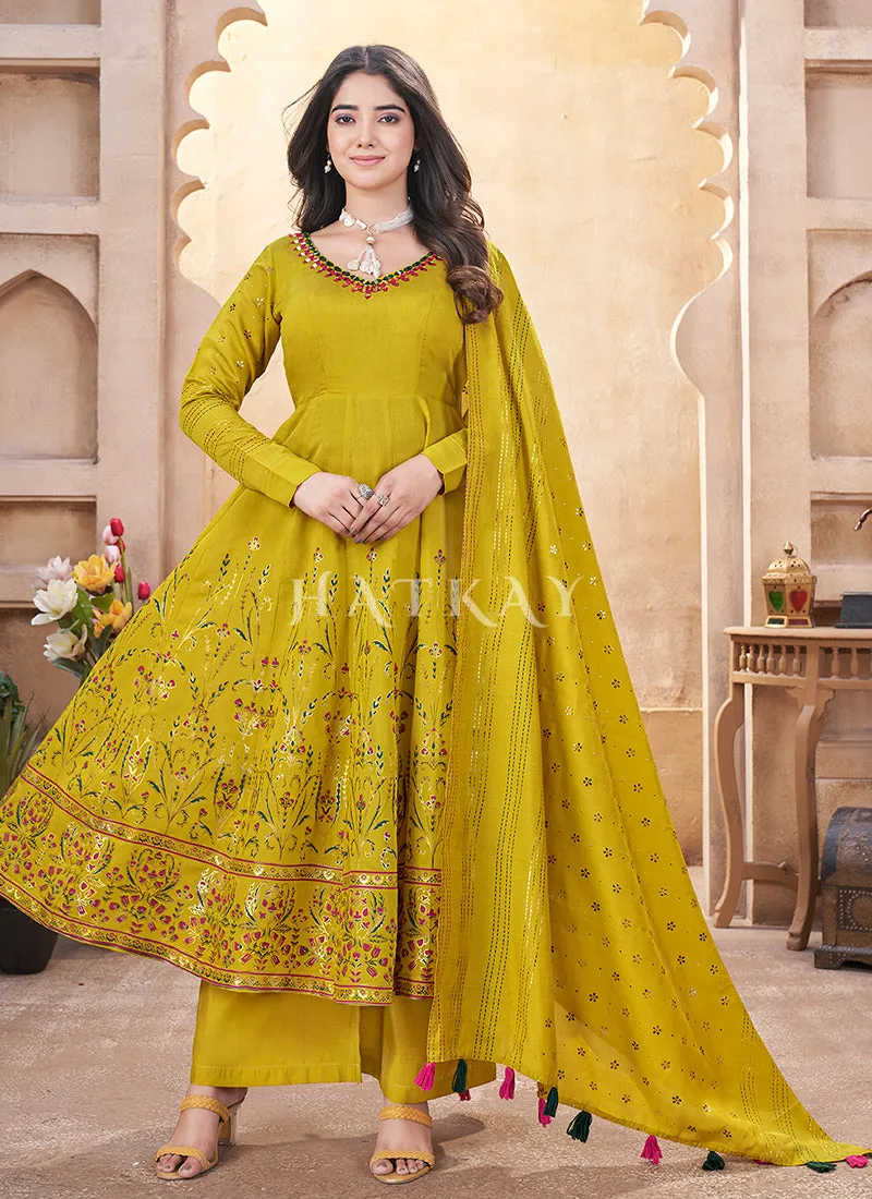 Yellow Mirror Work Anarkali Palazzo Suit