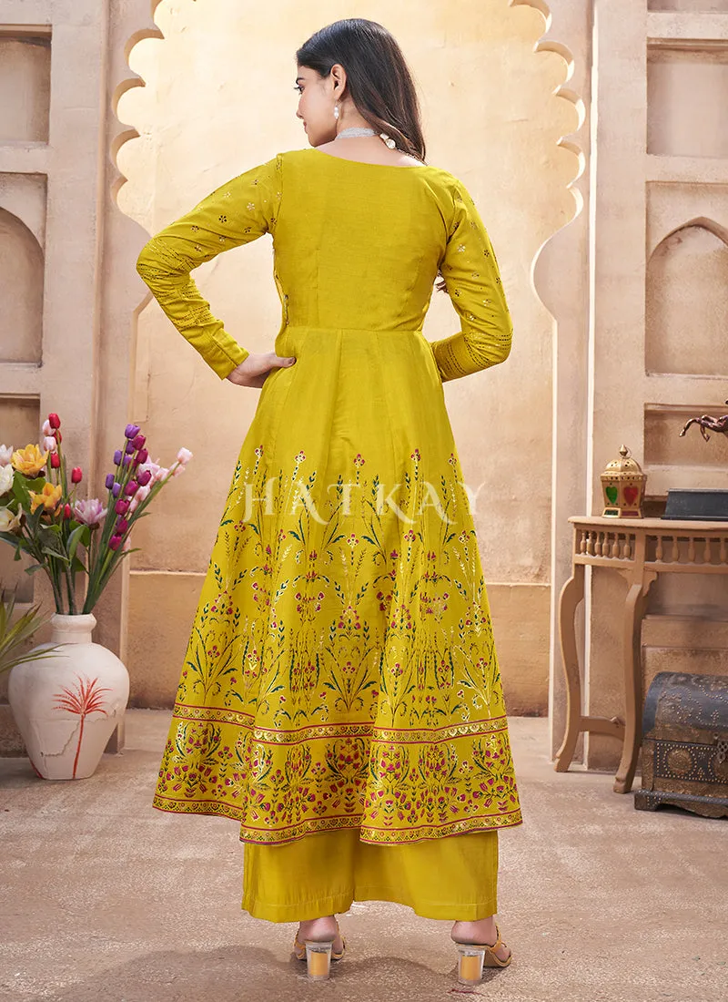 Yellow Mirror Work Anarkali Palazzo Suit