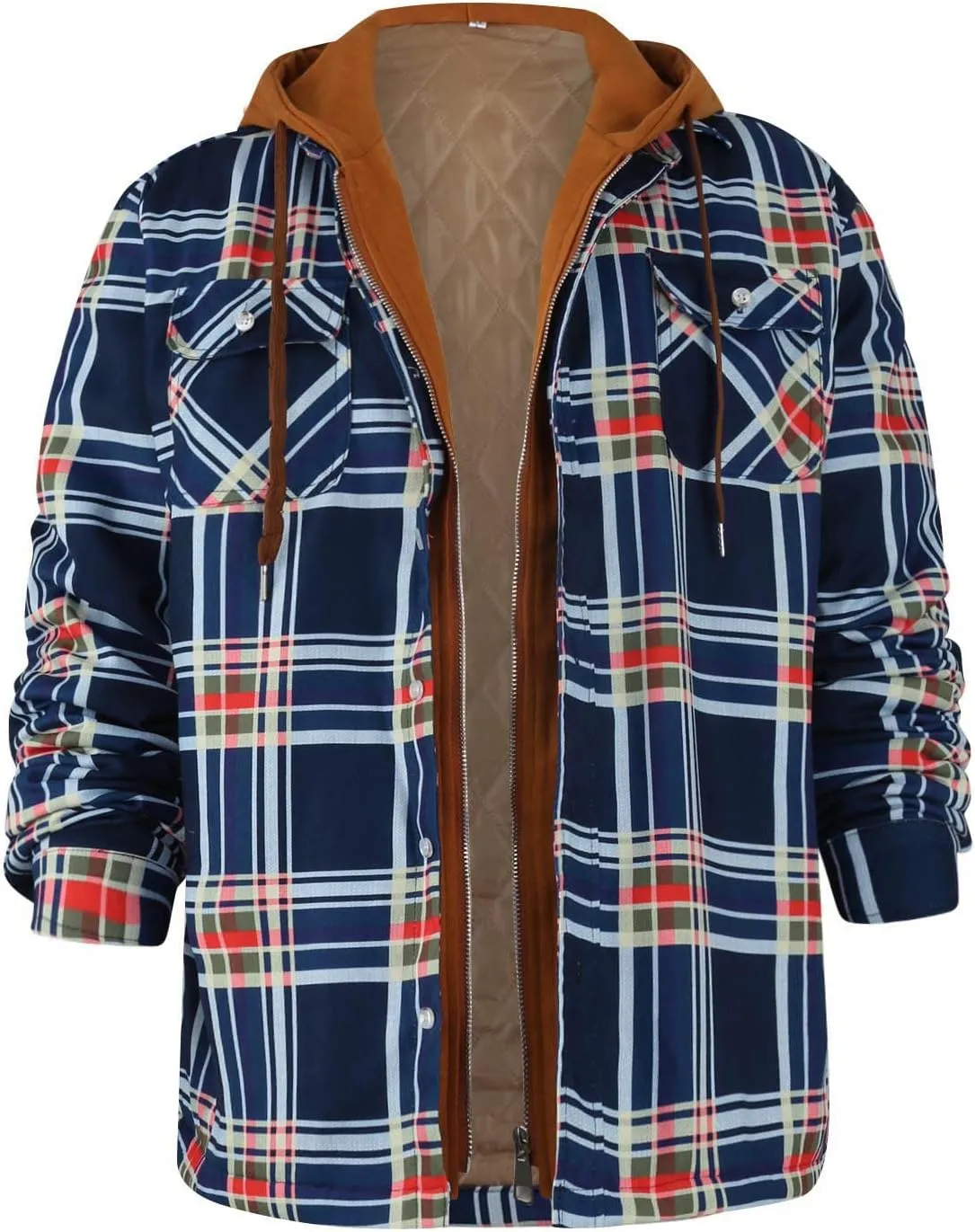 Ymosrh Hoodies for Men Quilted Lined Button Down Plaid Shirt Add Velvet to Keep Warm Jacket with Hood Mens Jackets