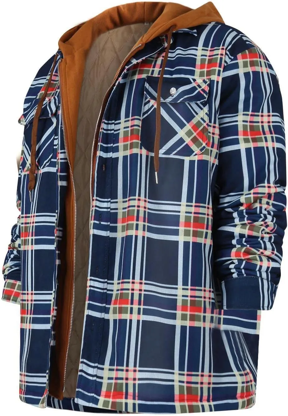 Ymosrh Hoodies for Men Quilted Lined Button Down Plaid Shirt Add Velvet to Keep Warm Jacket with Hood Mens Jackets