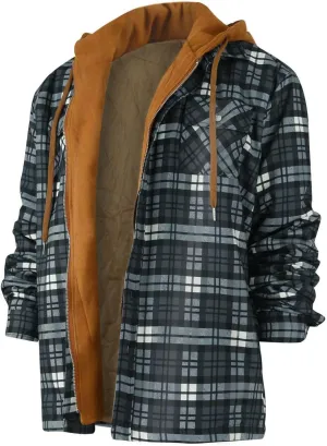 Ymosrh Hoodies for Men Quilted Lined Button Down Plaid Shirt Add Velvet to Keep Warm Jacket with Hood Mens Jackets