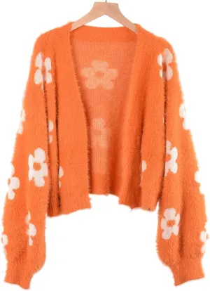 YUAKOU Women's Flower Long Sleeve Open Front Short Cardigan Casual Loose V Neck Down Knit Cardigan Sweaters Outwear
