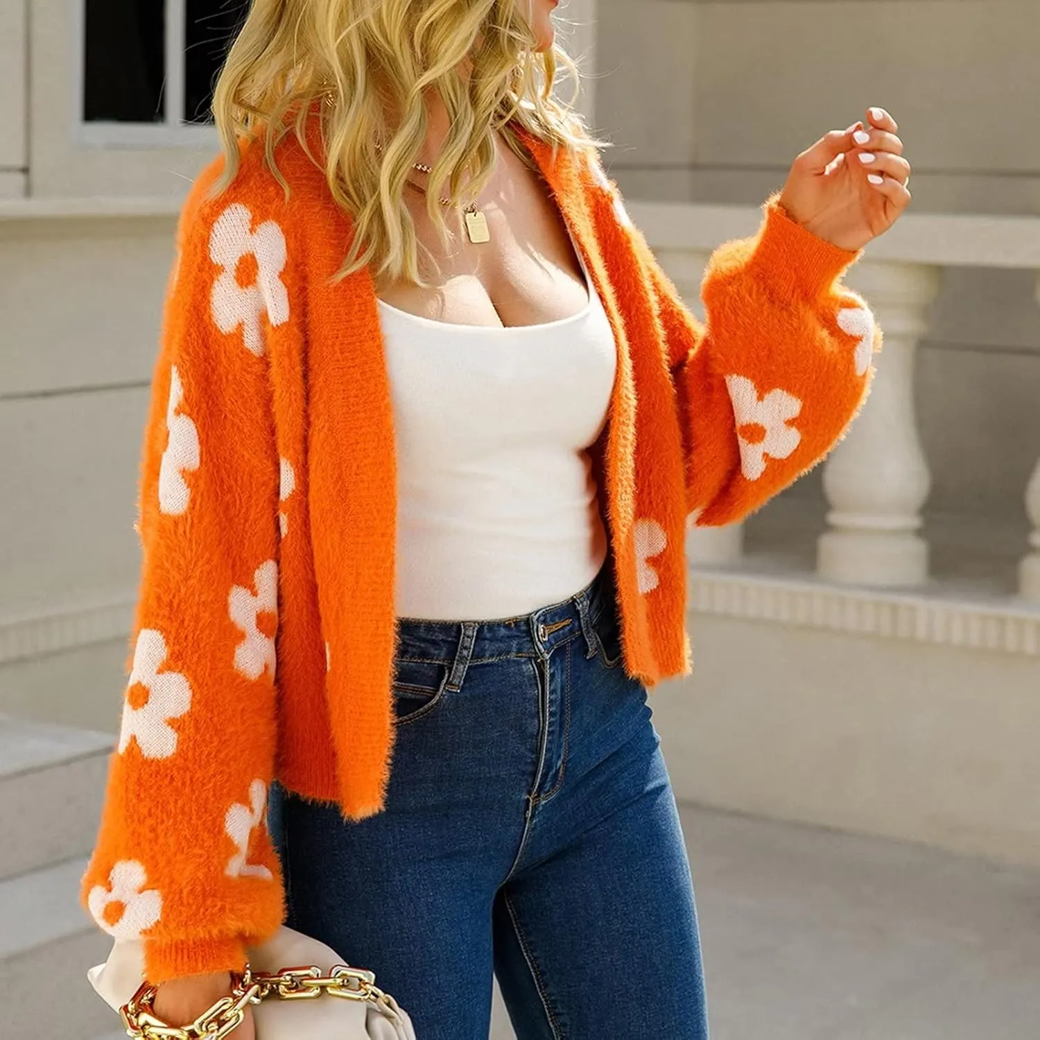 YUAKOU Women's Flower Long Sleeve Open Front Short Cardigan Casual Loose V Neck Down Knit Cardigan Sweaters Outwear