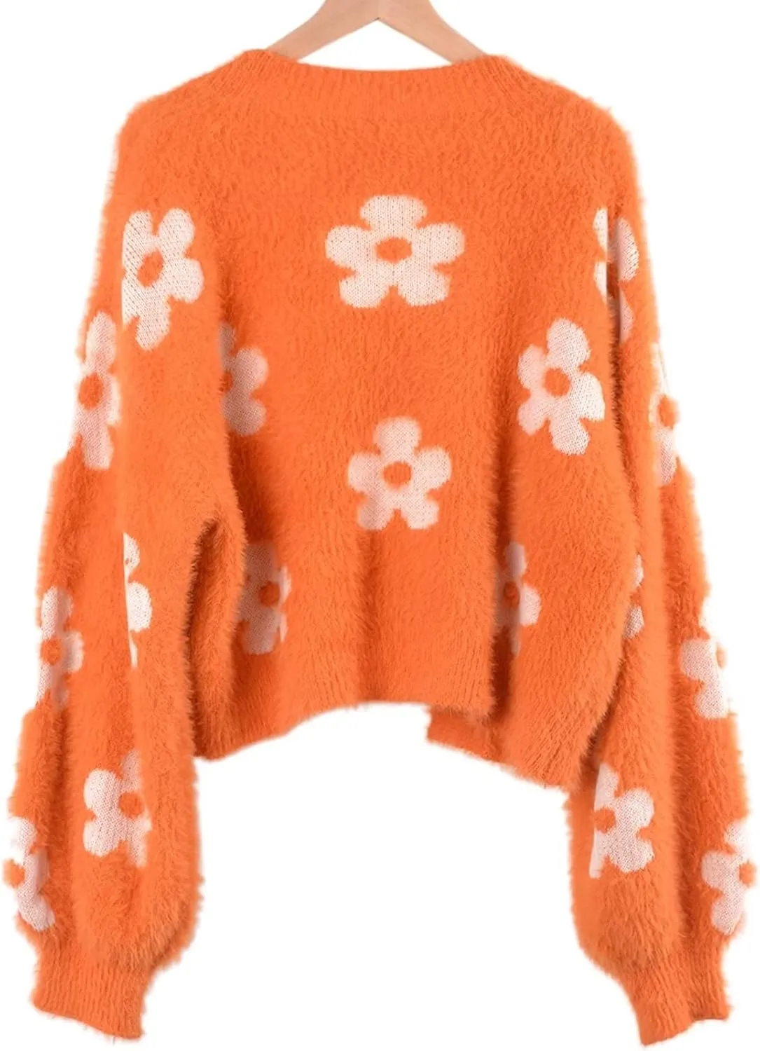 YUAKOU Women's Flower Long Sleeve Open Front Short Cardigan Casual Loose V Neck Down Knit Cardigan Sweaters Outwear