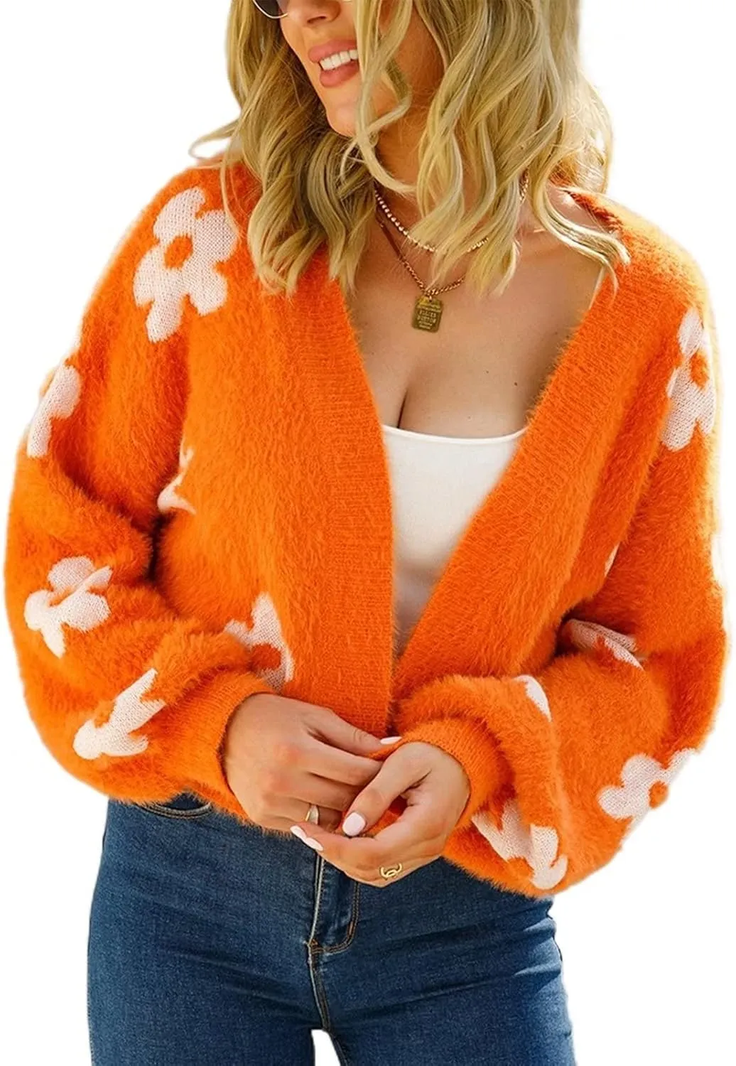 YUAKOU Women's Flower Long Sleeve Open Front Short Cardigan Casual Loose V Neck Down Knit Cardigan Sweaters Outwear
