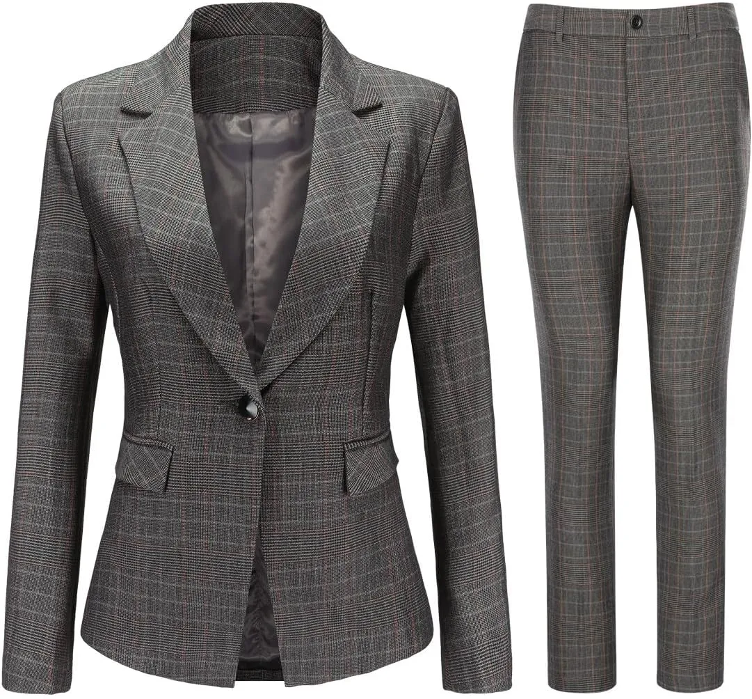 YUNCLOS Women's Vintage 2 Piece Plaid Suit Set 1 Button Stylish Blazer and Pants