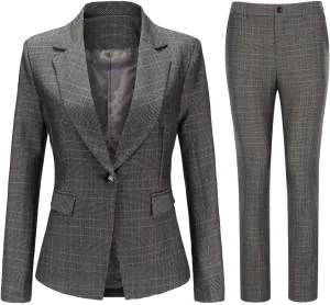 YUNCLOS Women's Vintage 2 Piece Plaid Suit Set 1 Button Stylish Blazer and Pants