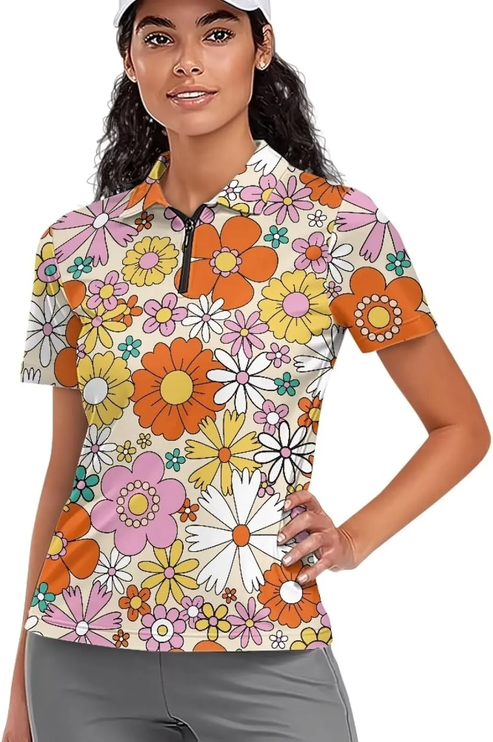 Yuuxorilu Womens Golf Shirt Short Sleeve Zip Up Workout Tops