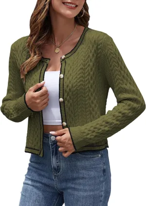 ZAFUL Womens Cable Knit Cropped Cardigan Sweater Button Down Long Sleeve Open Front 2024 Fall Trendy Jackets Outerwear