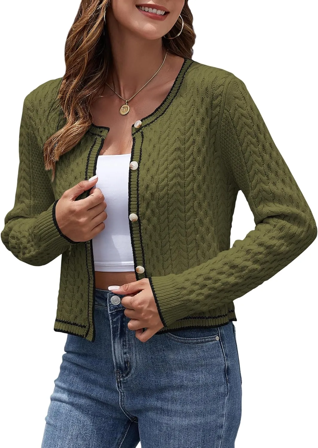 ZAFUL Womens Cable Knit Cropped Cardigan Sweater Button Down Long Sleeve Open Front 2024 Fall Trendy Jackets Outerwear