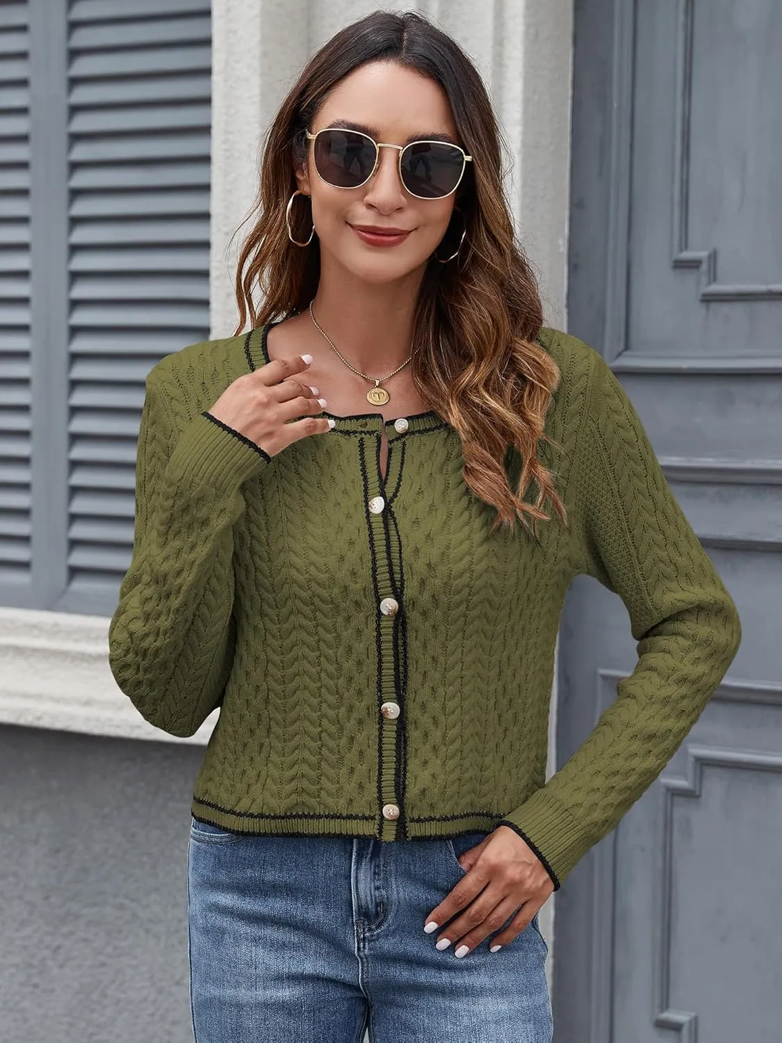 ZAFUL Womens Cable Knit Cropped Cardigan Sweater Button Down Long Sleeve Open Front 2024 Fall Trendy Jackets Outerwear