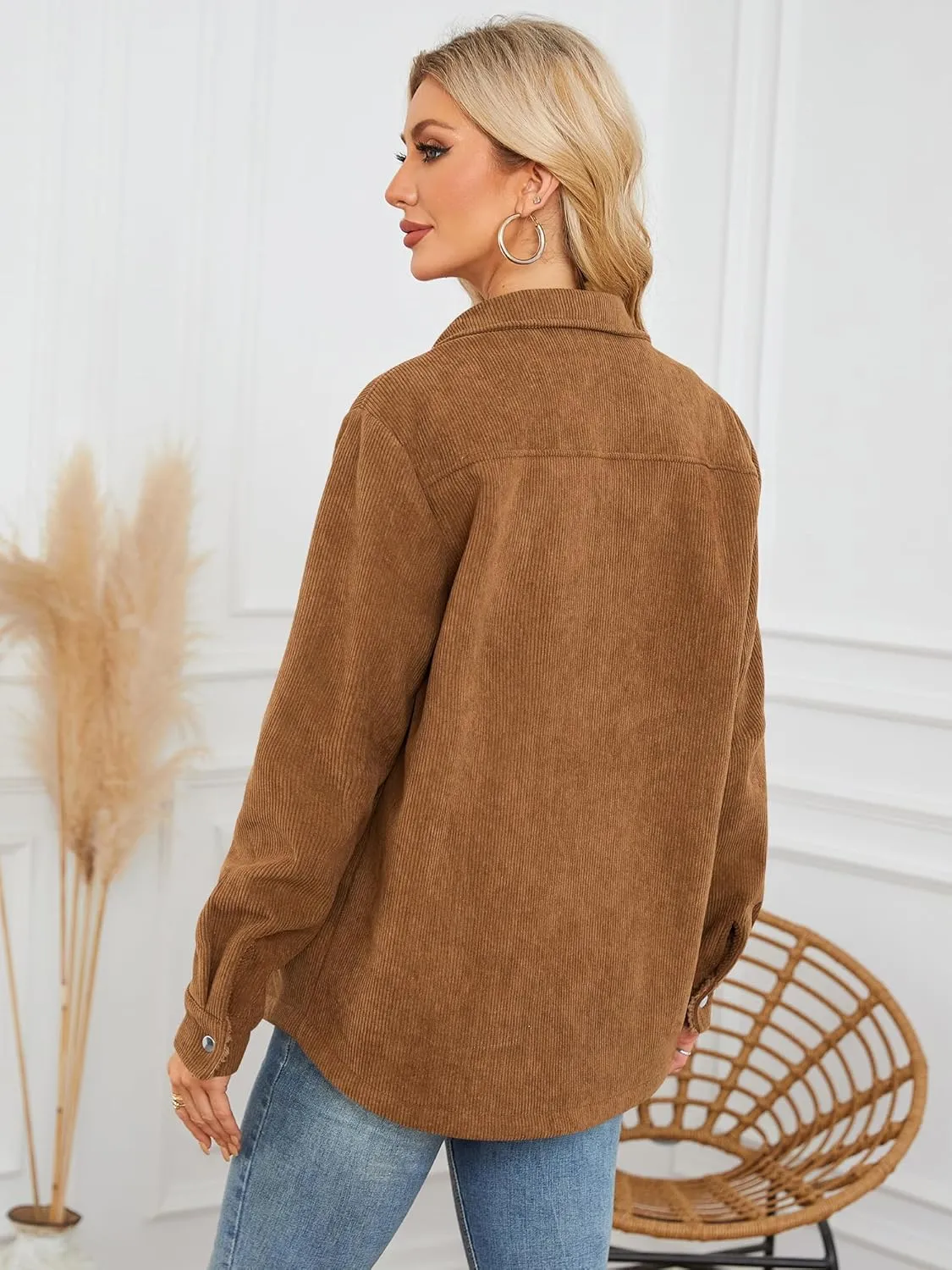 ZAFUL Womens Corduroy Sherpa Jackets Button Down Long Sleeve Fleece Outwear Coat with Pockets