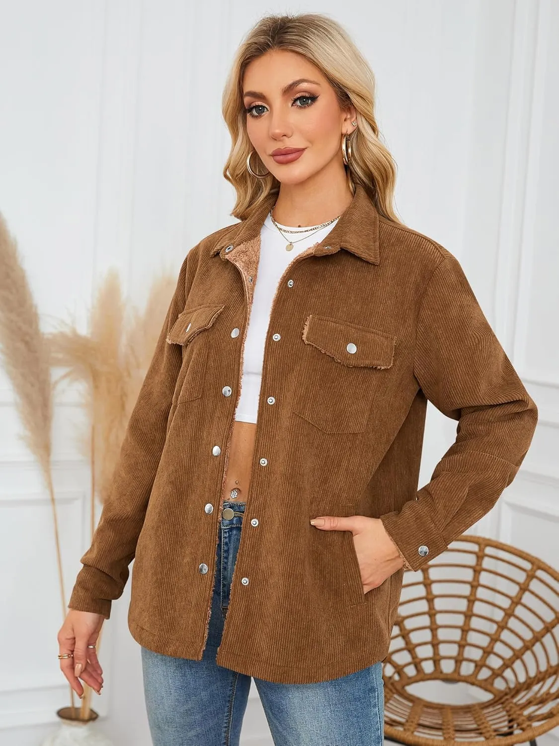 ZAFUL Womens Corduroy Sherpa Jackets Button Down Long Sleeve Fleece Outwear Coat with Pockets