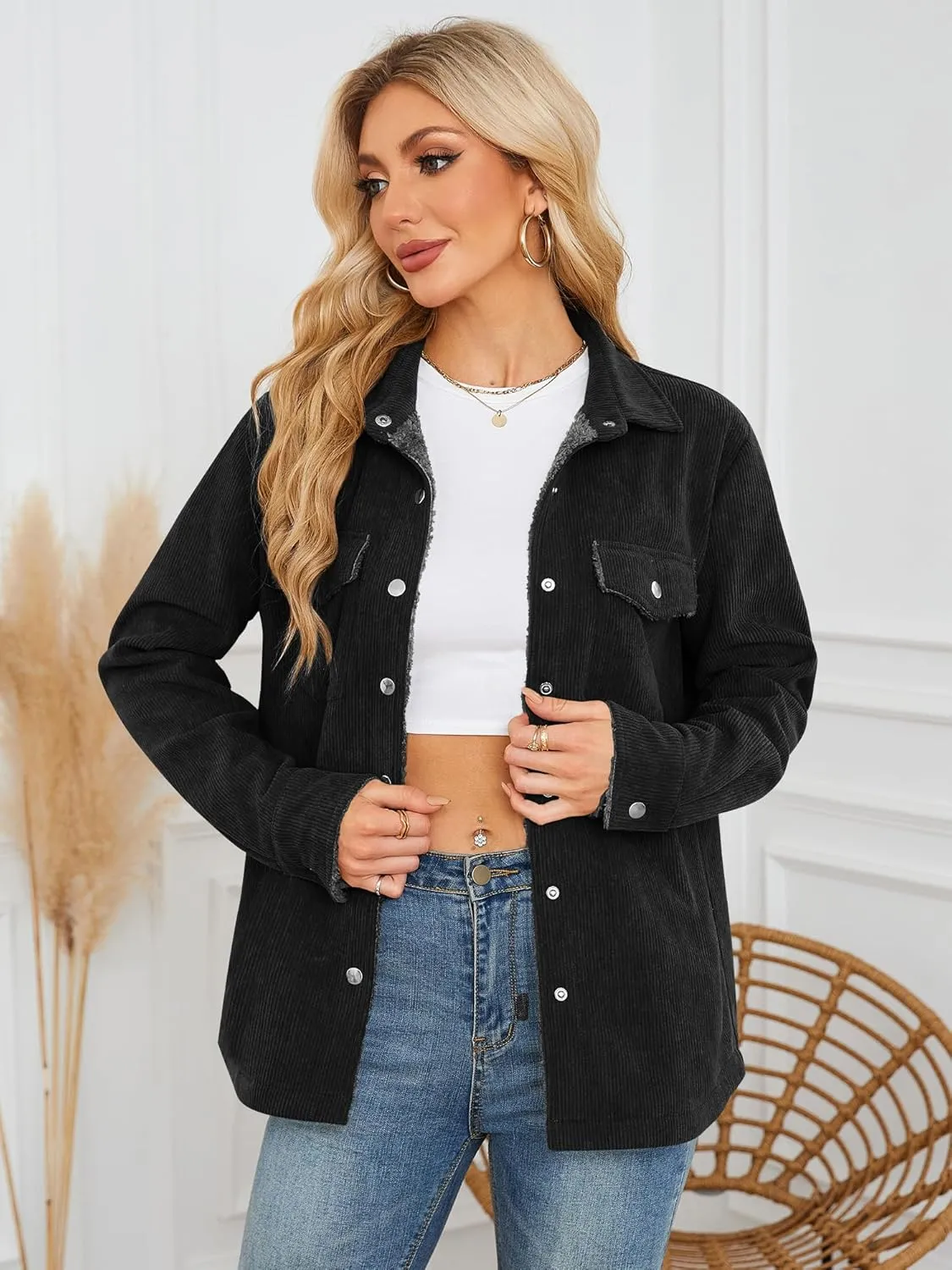 ZAFUL Womens Corduroy Sherpa Jackets Button Down Long Sleeve Fleece Outwear Coat with Pockets