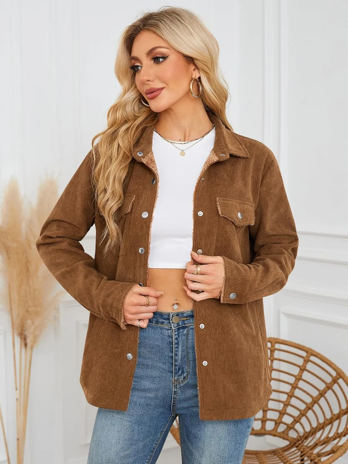ZAFUL Womens Corduroy Sherpa Jackets Button Down Long Sleeve Fleece Outwear Coat with Pockets