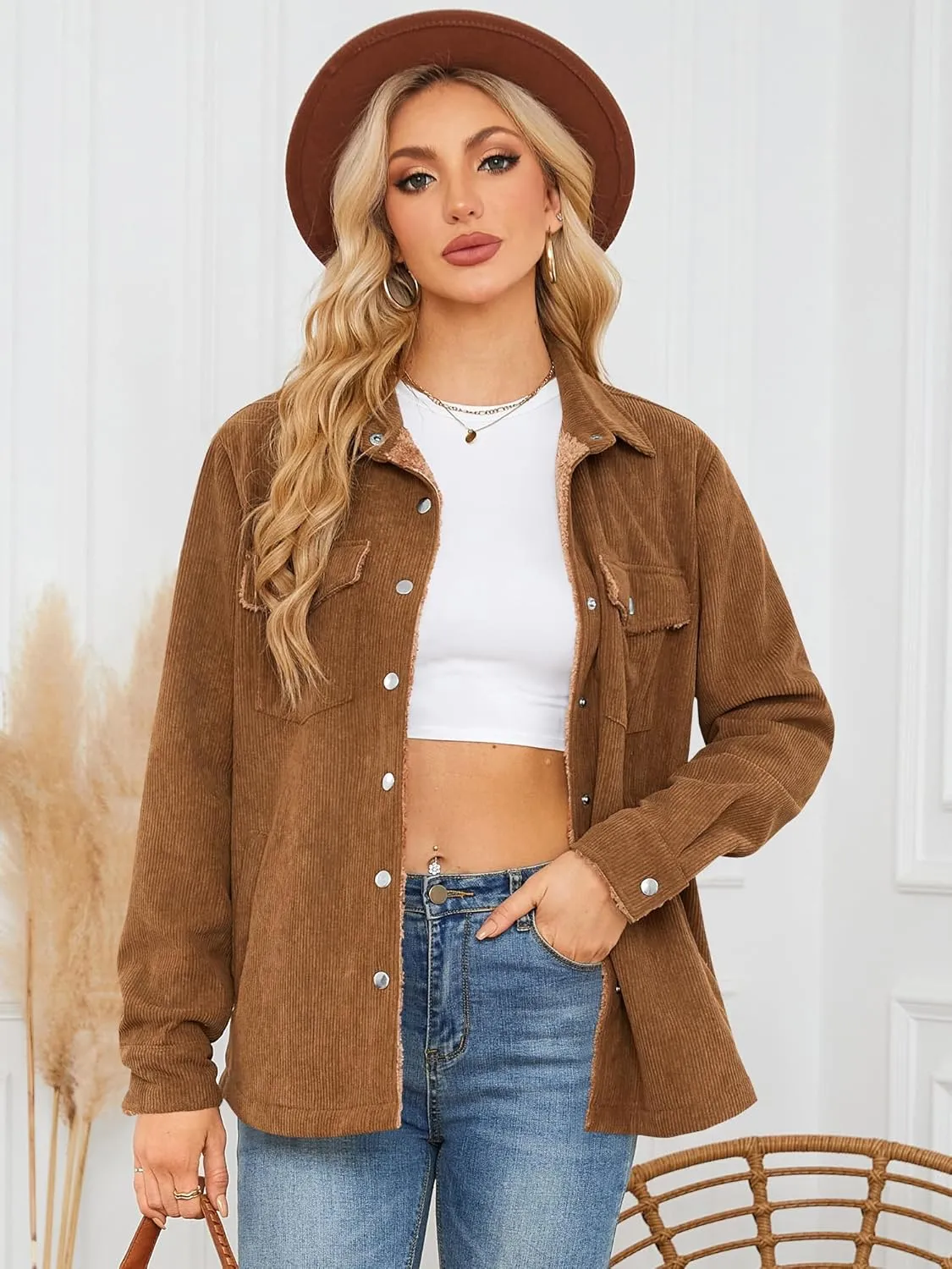 ZAFUL Womens Corduroy Sherpa Jackets Button Down Long Sleeve Fleece Outwear Coat with Pockets