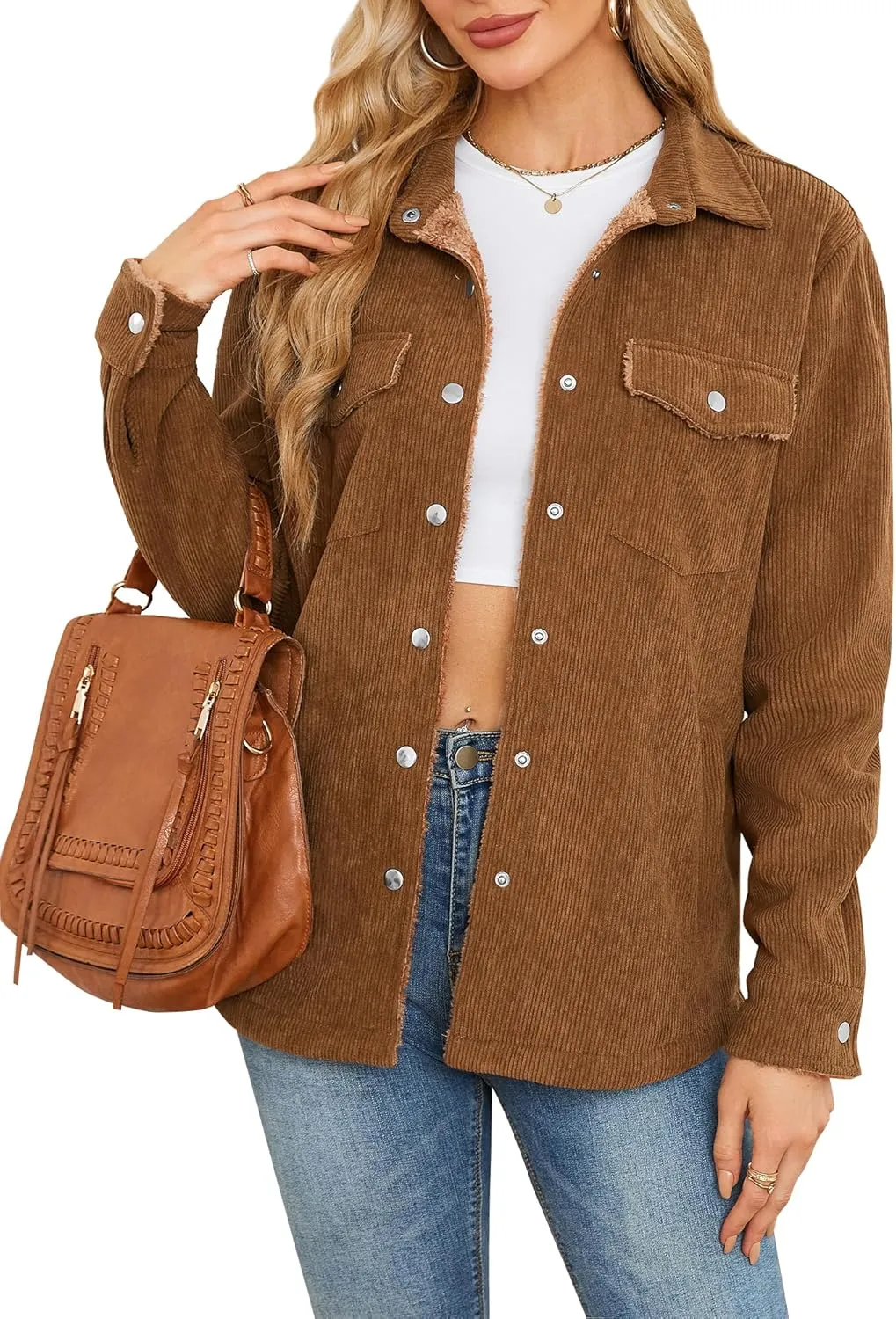 ZAFUL Womens Corduroy Sherpa Jackets Button Down Long Sleeve Fleece Outwear Coat with Pockets