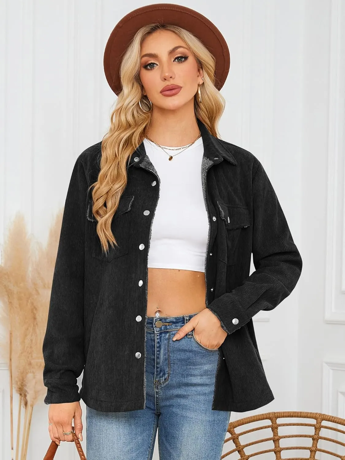 ZAFUL Womens Corduroy Sherpa Jackets Button Down Long Sleeve Fleece Outwear Coat with Pockets