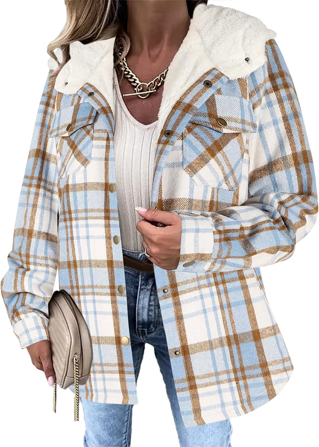 Zeagoo Womens Plaid Shacket Jacket Long Sleeve Button Down Fleece Hooded Jackets Warm Coat