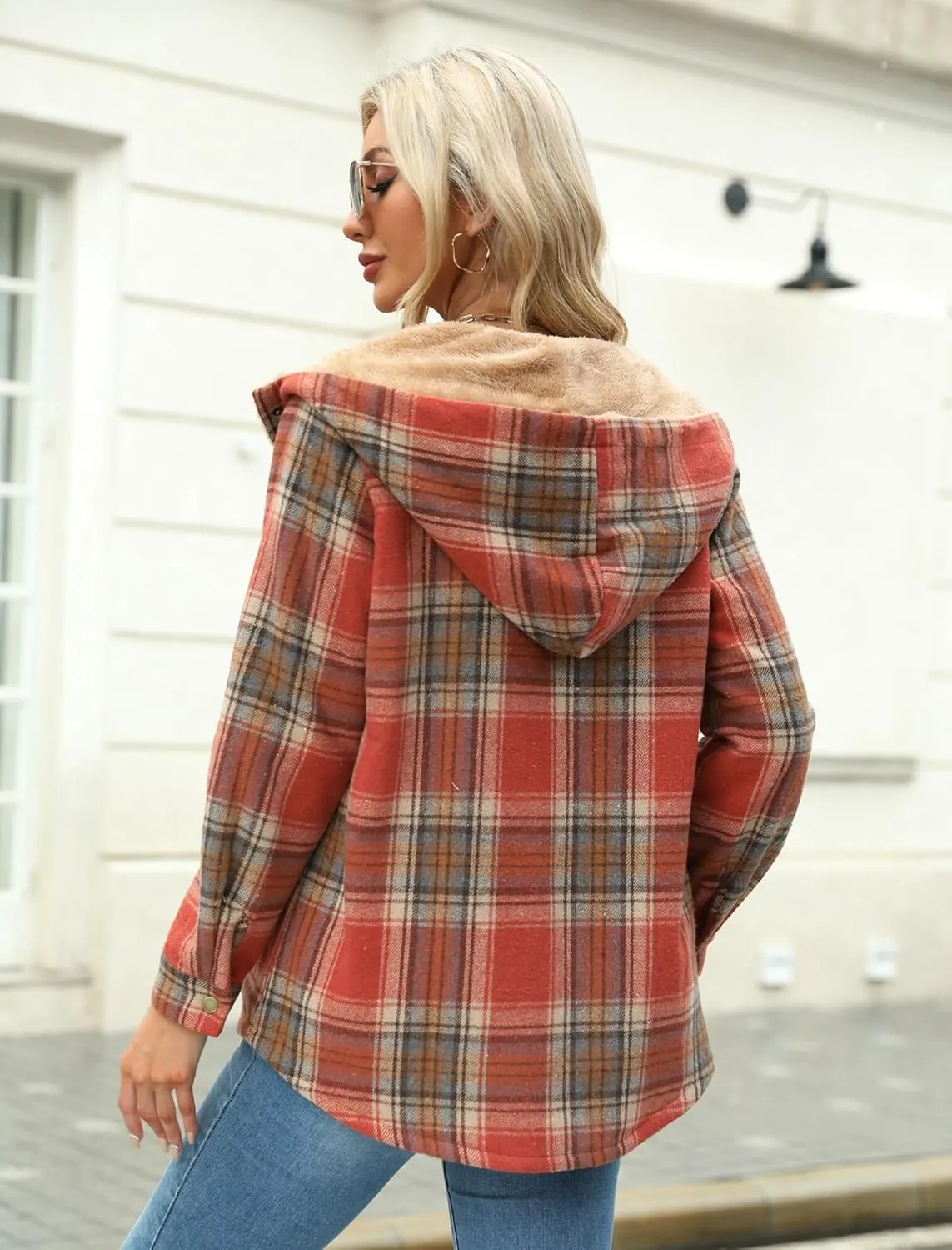 Zeagoo Womens Plaid Shacket Jacket Long Sleeve Button Down Fleece Hooded Jackets Warm Coat