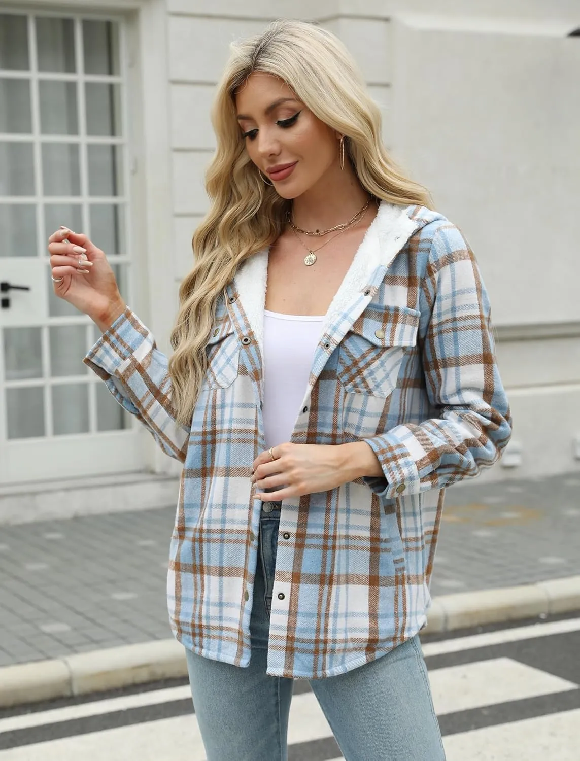 Zeagoo Womens Plaid Shacket Jacket Long Sleeve Button Down Fleece Hooded Jackets Warm Coat