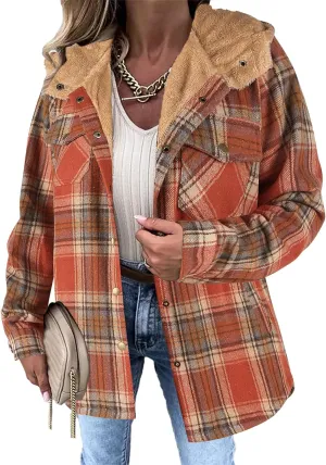 Zeagoo Womens Plaid Shacket Jacket Long Sleeve Button Down Fleece Hooded Jackets Warm Coat