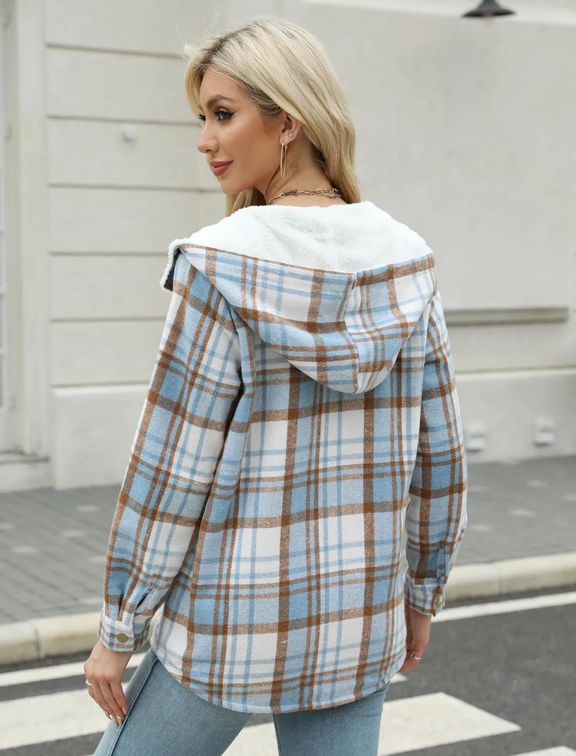 Zeagoo Womens Plaid Shacket Jacket Long Sleeve Button Down Fleece Hooded Jackets Warm Coat