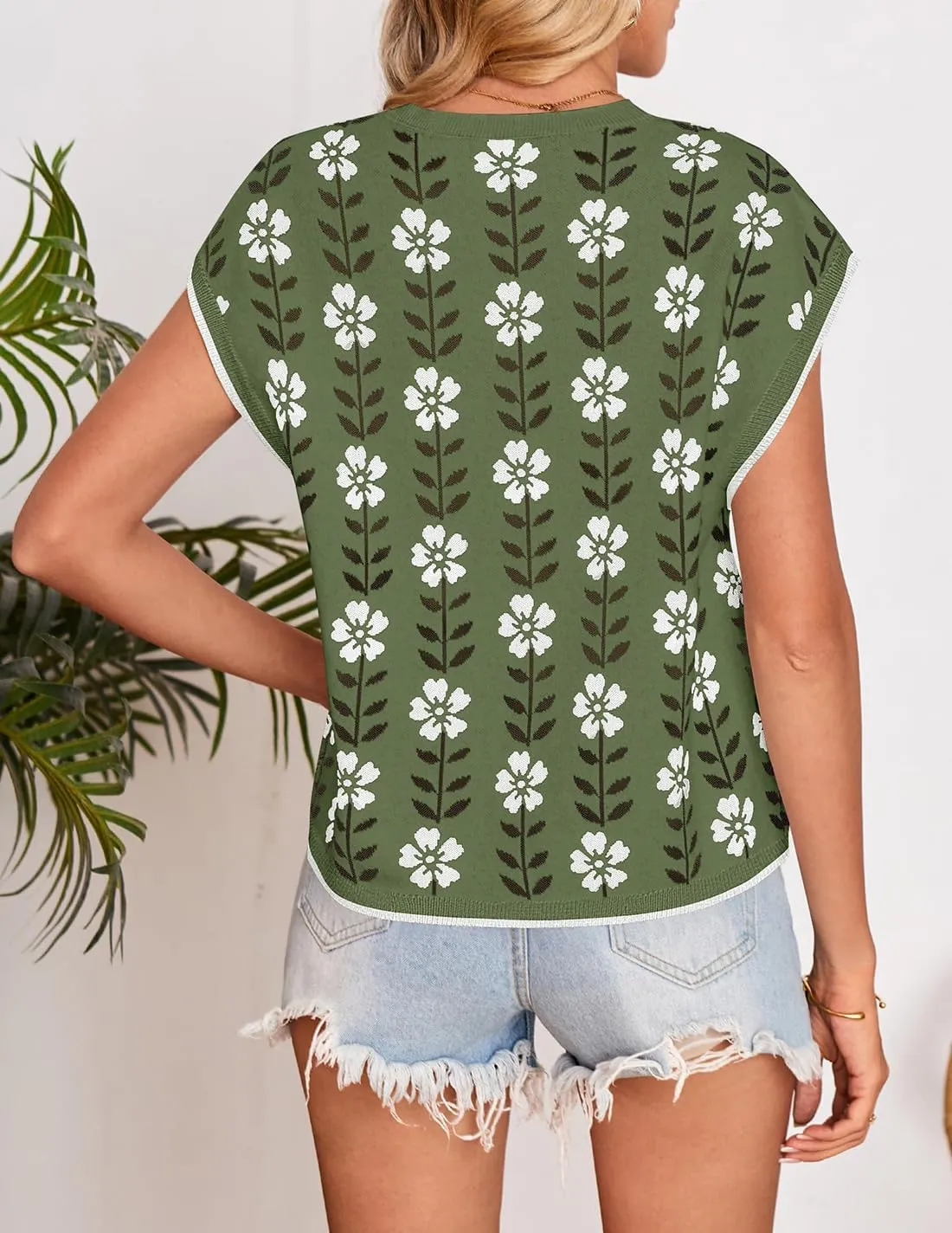 ZESICA Womens Summer Casual Printed Tops Cap Sleeve Crew Neck Cute Knit Sweaters 2025 Trendy Clothes Outfits
