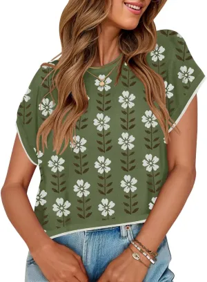 ZESICA Womens Summer Casual Printed Tops Cap Sleeve Crew Neck Cute Knit Sweaters 2025 Trendy Clothes Outfits