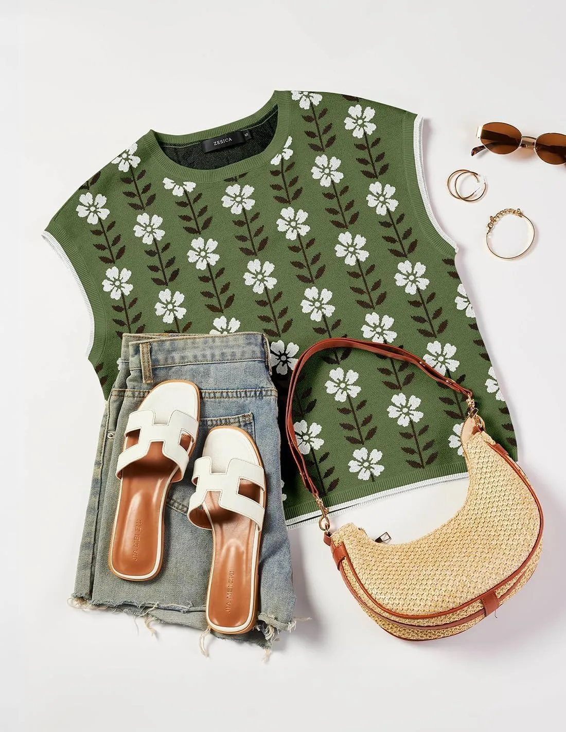 ZESICA Womens Summer Casual Printed Tops Cap Sleeve Crew Neck Cute Knit Sweaters 2025 Trendy Clothes Outfits