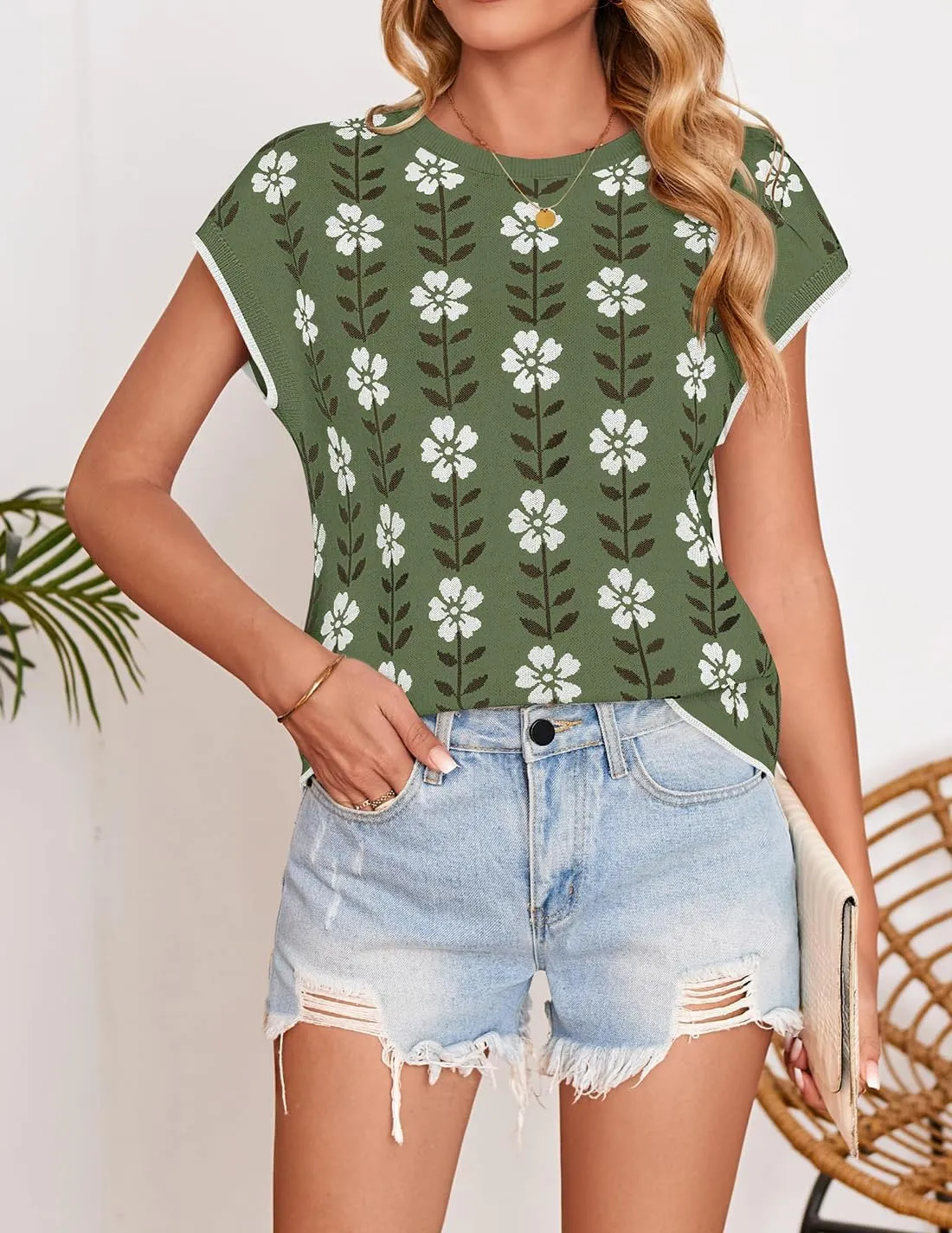 ZESICA Womens Summer Casual Printed Tops Cap Sleeve Crew Neck Cute Knit Sweaters 2025 Trendy Clothes Outfits