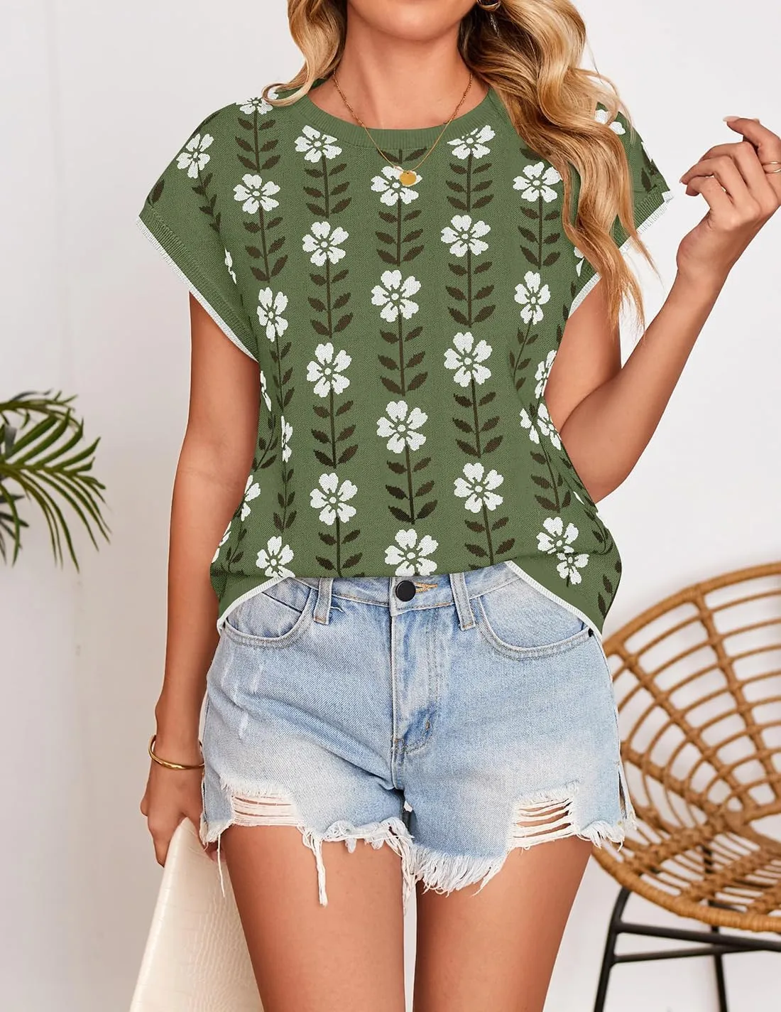 ZESICA Womens Summer Casual Printed Tops Cap Sleeve Crew Neck Cute Knit Sweaters 2025 Trendy Clothes Outfits
