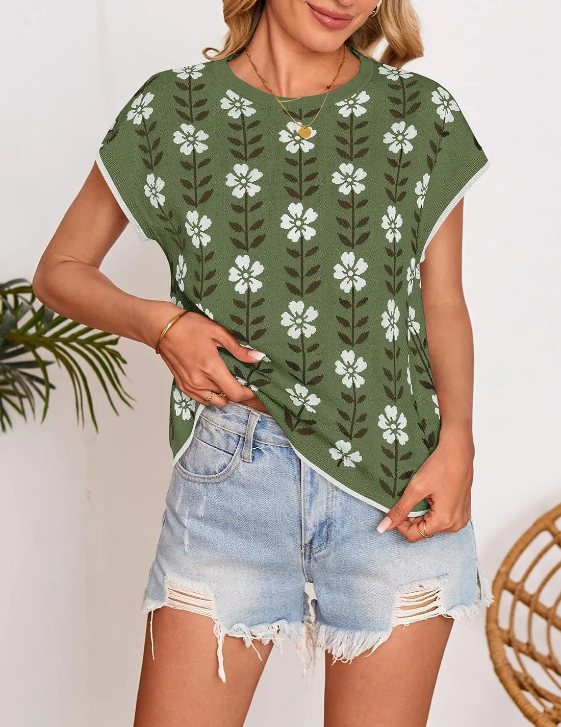 ZESICA Womens Summer Casual Printed Tops Cap Sleeve Crew Neck Cute Knit Sweaters 2025 Trendy Clothes Outfits