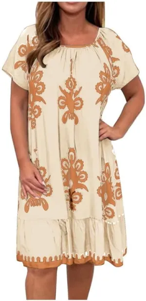 ZOCAVIA Ethnic Style Midi Dress for Women Summer Vintage Boho Floral Dresses Plus Size Crewneck Short Sleeve Mexican Sundress