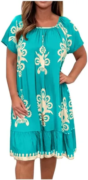 ZOCAVIA Ethnic Style Midi Dress for Women Summer Vintage Boho Floral Dresses Plus Size Crewneck Short Sleeve Mexican Sundress