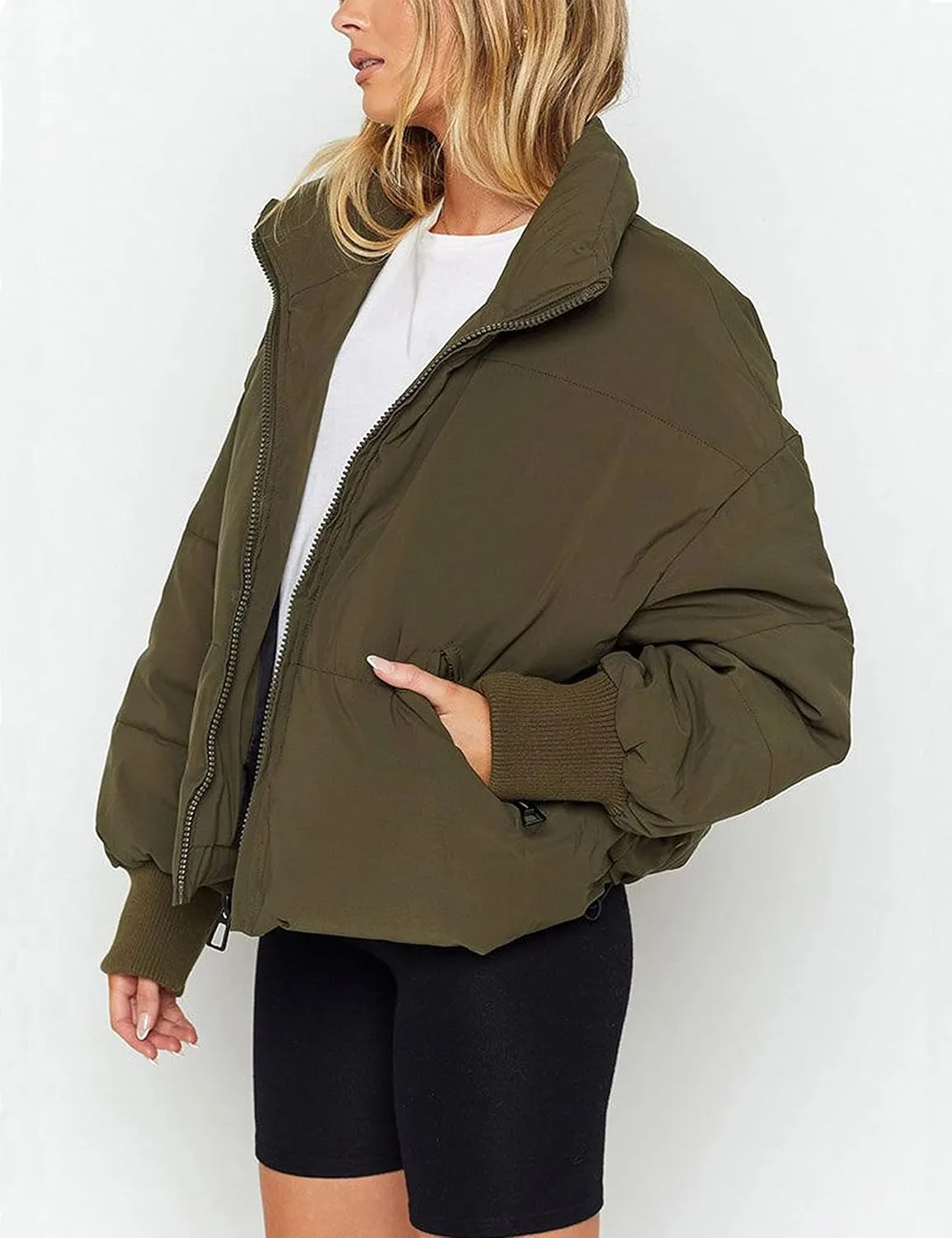 Zontroldy Women's Casual Cropped Quilted Zip Up Stand Collar Long Sleeve Puffer Jackets Short Puffy Coat Outerwear