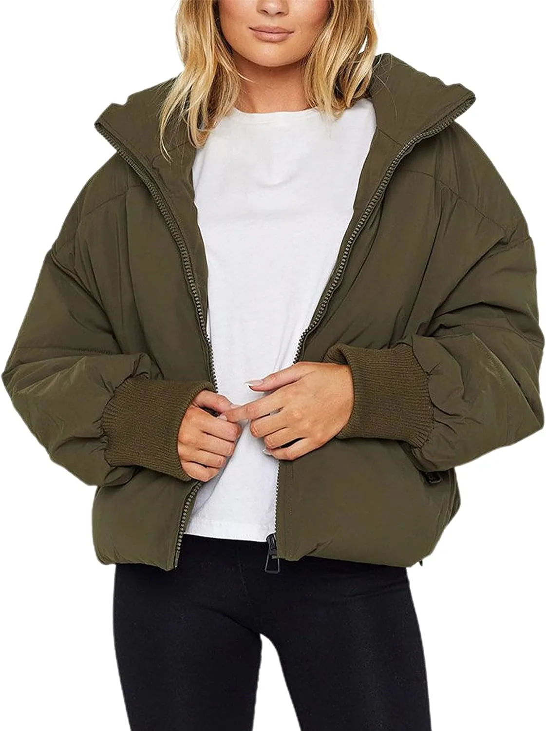 Zontroldy Women's Casual Cropped Quilted Zip Up Stand Collar Long Sleeve Puffer Jackets Short Puffy Coat Outerwear