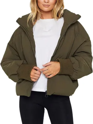 Zontroldy Women's Casual Cropped Quilted Zip Up Stand Collar Long Sleeve Puffer Jackets Short Puffy Coat Outerwear